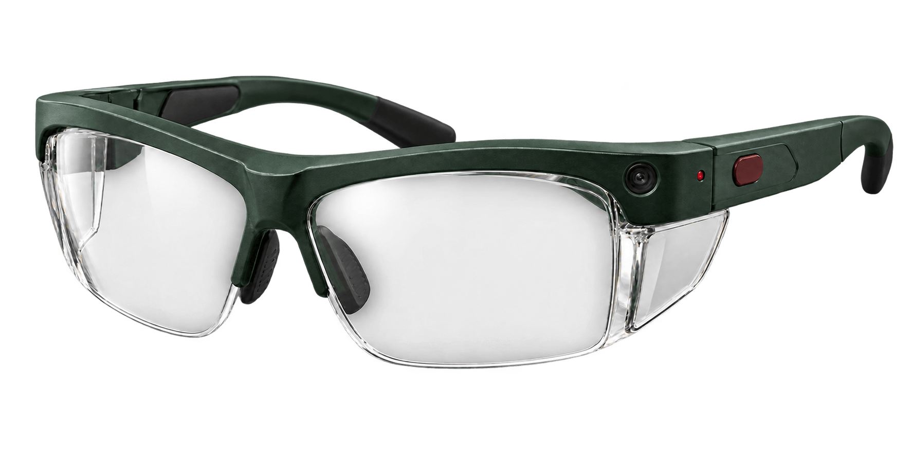 Smart safety glasses with clear protective lenses, an integrated camera, and a recording button. Illustrative hardware.